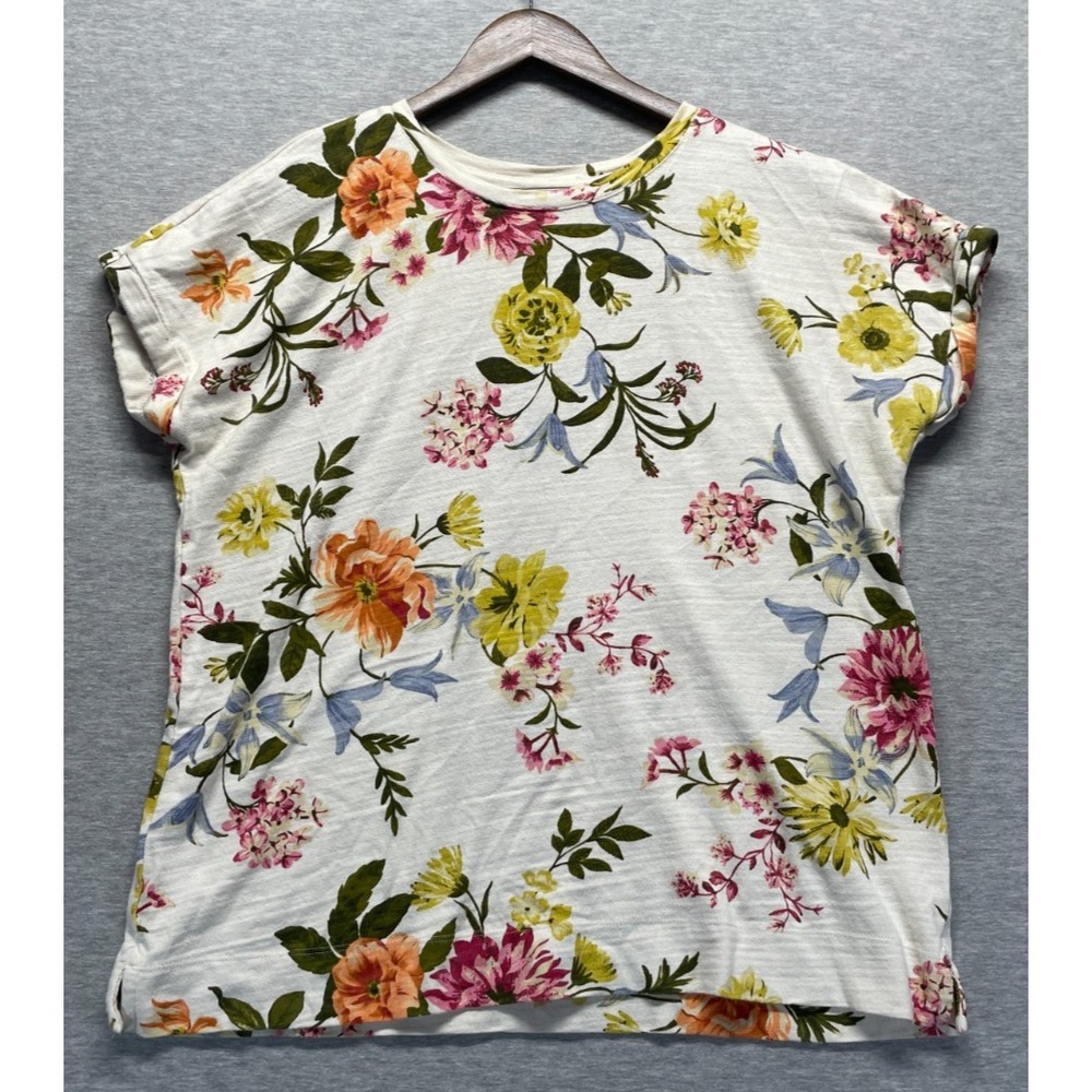 Loft Crew Neck T Shirt Womens Large Multicolor Floral Print Cuffed Short Sleeve